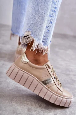 Discount Damskie Skórzane Buty Sportowe Wiązane Beżowo-Złote Ariva Damskie Buty Sportowe Na Platformie