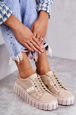Discount Damskie Skórzane Buty Sportowe Wiązane Beżowo-Złote Ariva Damskie Buty Sportowe Na Platformie