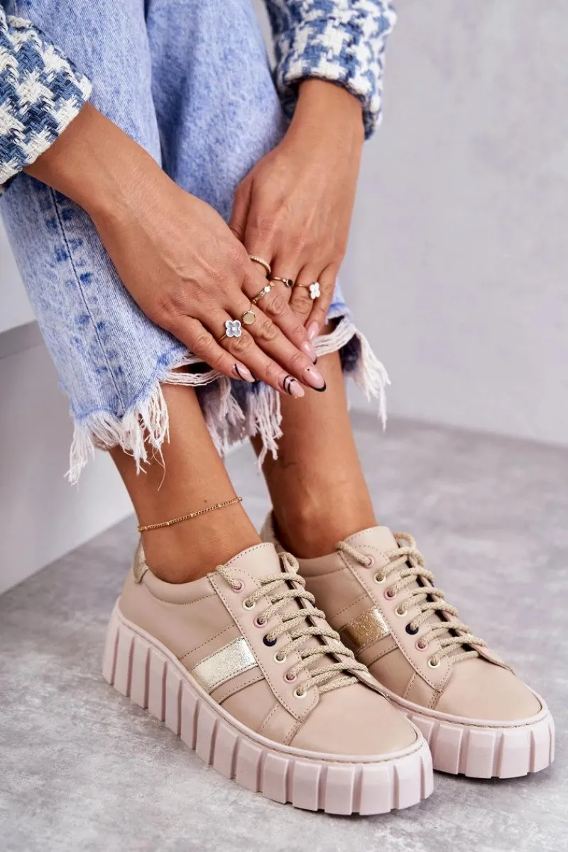 Discount Damskie Skórzane Buty Sportowe Wiązane Beżowo-Złote Ariva Damskie Buty Sportowe Na Platformie