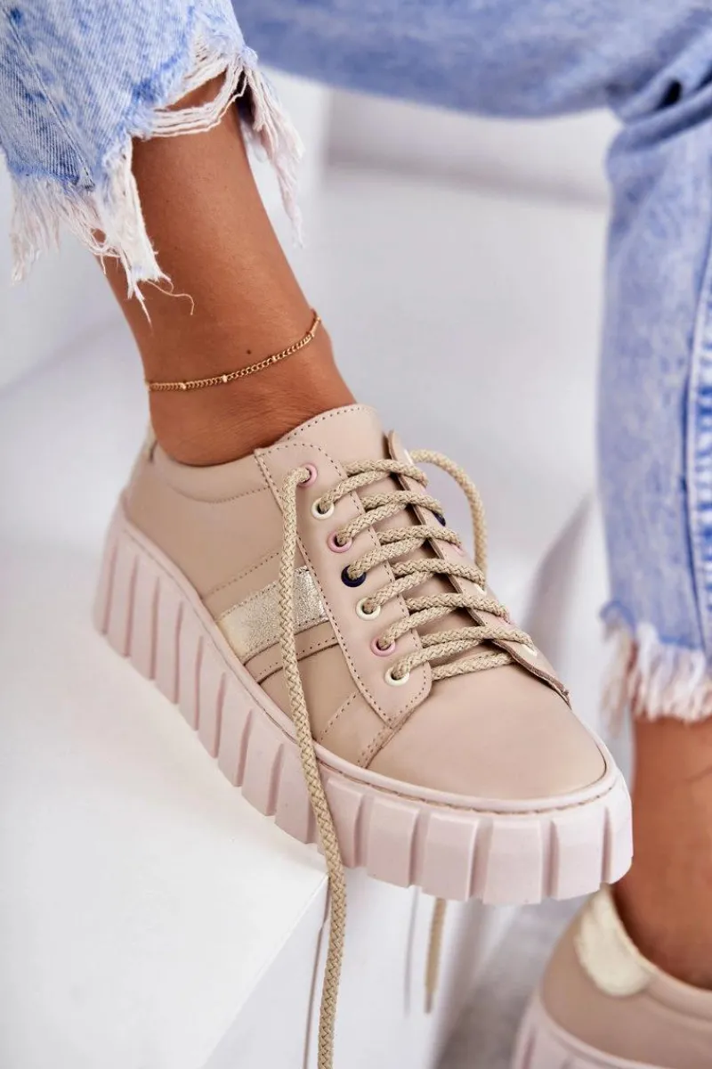 Discount Damskie Skórzane Buty Sportowe Wiązane Beżowo-Złote Ariva Damskie Buty Sportowe Na Platformie