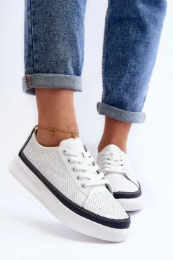 New Buty Sergio Leone Damskie Skórzane Buty Sportowe Sneakersy Biało-Granatowe Failla