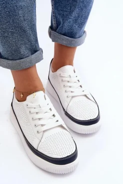 New Buty Sergio Leone Damskie Skórzane Buty Sportowe Sneakersy Biało-Granatowe Failla