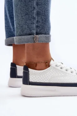 New Buty Sergio Leone Damskie Skórzane Buty Sportowe Sneakersy Biało-Granatowe Failla