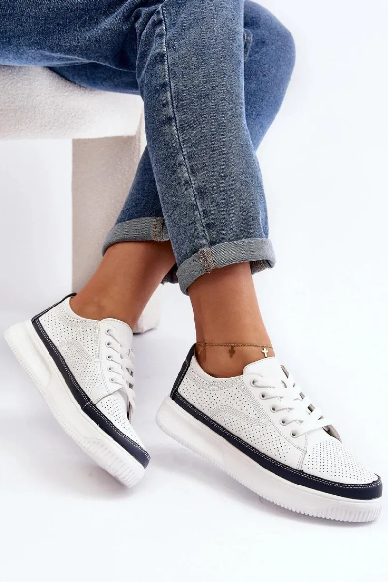 New Buty Sergio Leone Damskie Skórzane Buty Sportowe Sneakersy Biało-Granatowe Failla