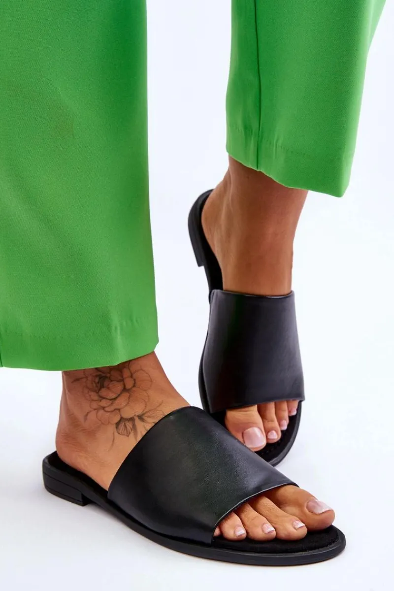 Klapki Damskie Klasyczne>Evento Damskie Skórzane Gładkie Klapki Czarne Cerise Czarny