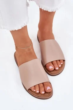 Klapki Damskie Klasyczne>Evento Damskie Skórzane Gładkie Klapki Beżowe Cerise Beżowy