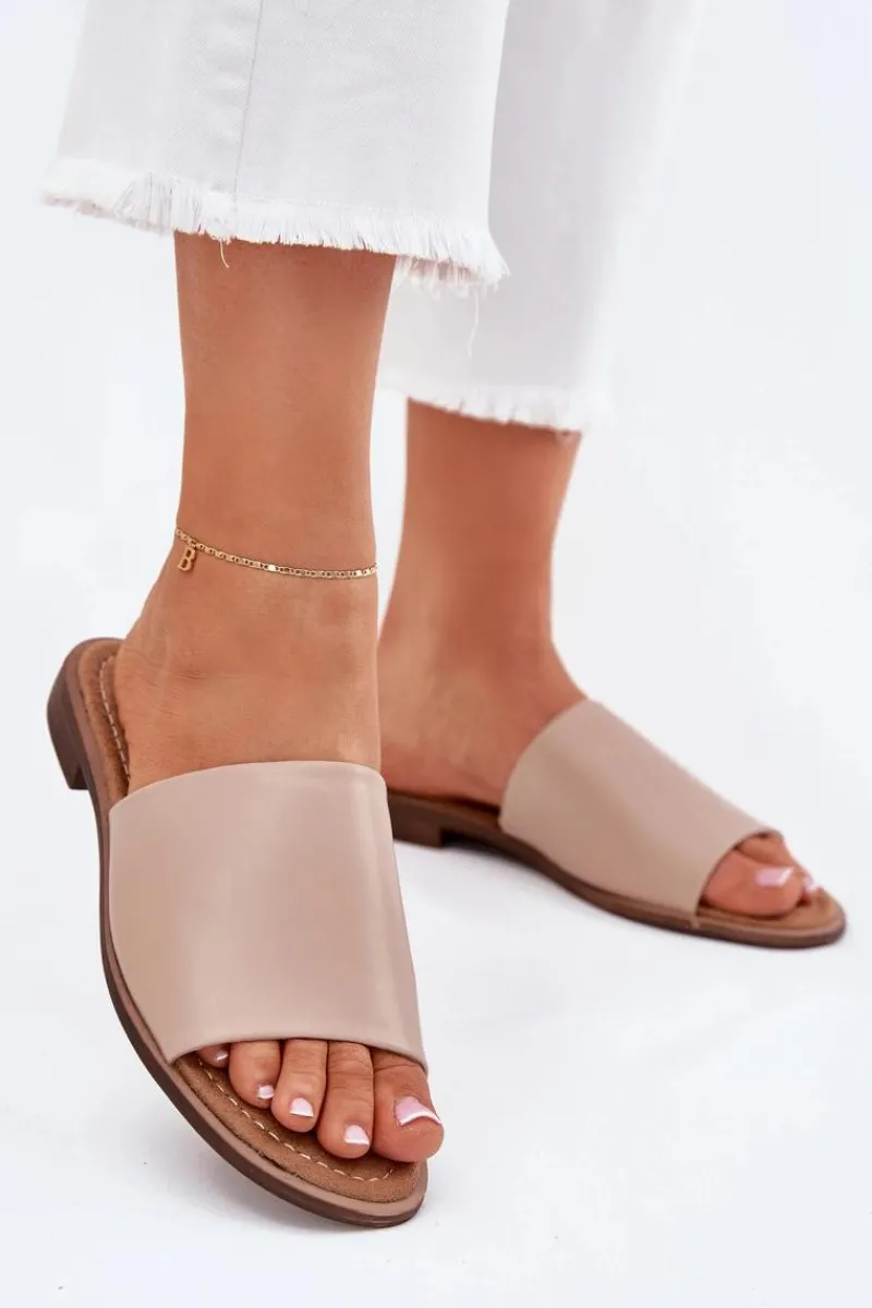 Klapki Damskie Klasyczne>Evento Damskie Skórzane Gładkie Klapki Beżowe Cerise Beżowy