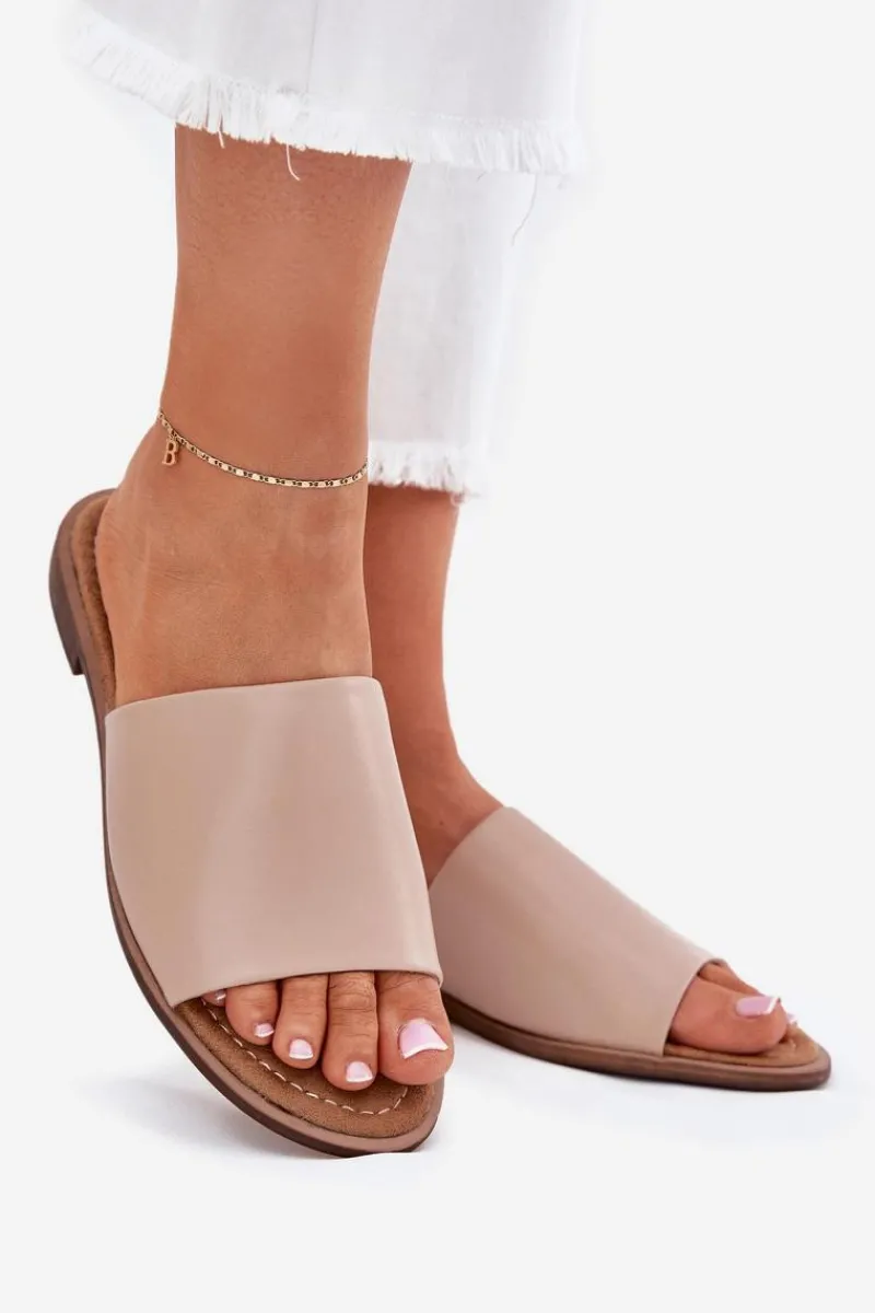 Klapki Damskie Klasyczne>Evento Damskie Skórzane Gładkie Klapki Beżowe Cerise Beżowy