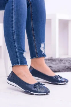 Sale Damskie Skórzane Granatowe Ażurowe Balerinki Erdola Damskie Baleriny Skórzane|Baleriny Klasyczne