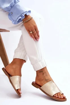 New Evento Damskie Skórzane Klapki Japonki Jasnozłote Amite Złoty