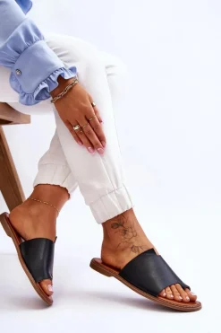 Klapki Damskie Japonki>Evento Damskie Skórzane Klapki Japonki Czarne Amite Czarny