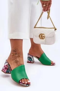 Boto Damskie Skórzane Klapki Na Obcasie Lewski Shoes 3209/K Zielone