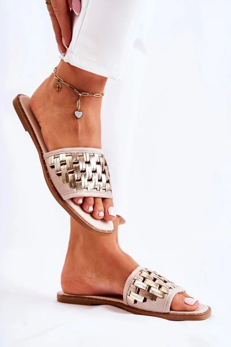 Clearance Damskie Skórzane Klapki Na Płaskim Obcasie Beżowe Hollis Damskie Klapki Damskie Klasyczne