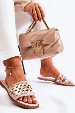 Clearance Damskie Skórzane Klapki Na Płaskim Obcasie Beżowe Hollis Damskie Klapki Damskie Klasyczne