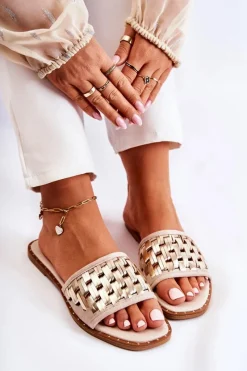 Clearance Damskie Skórzane Klapki Na Płaskim Obcasie Beżowe Hollis Damskie Klapki Damskie Klasyczne