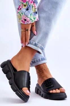 Klapki Na Platformie>Buty damskie Vinceza Damskie Skórzane Klapki Na Platformie Z Ozdobą Czarne Monroe