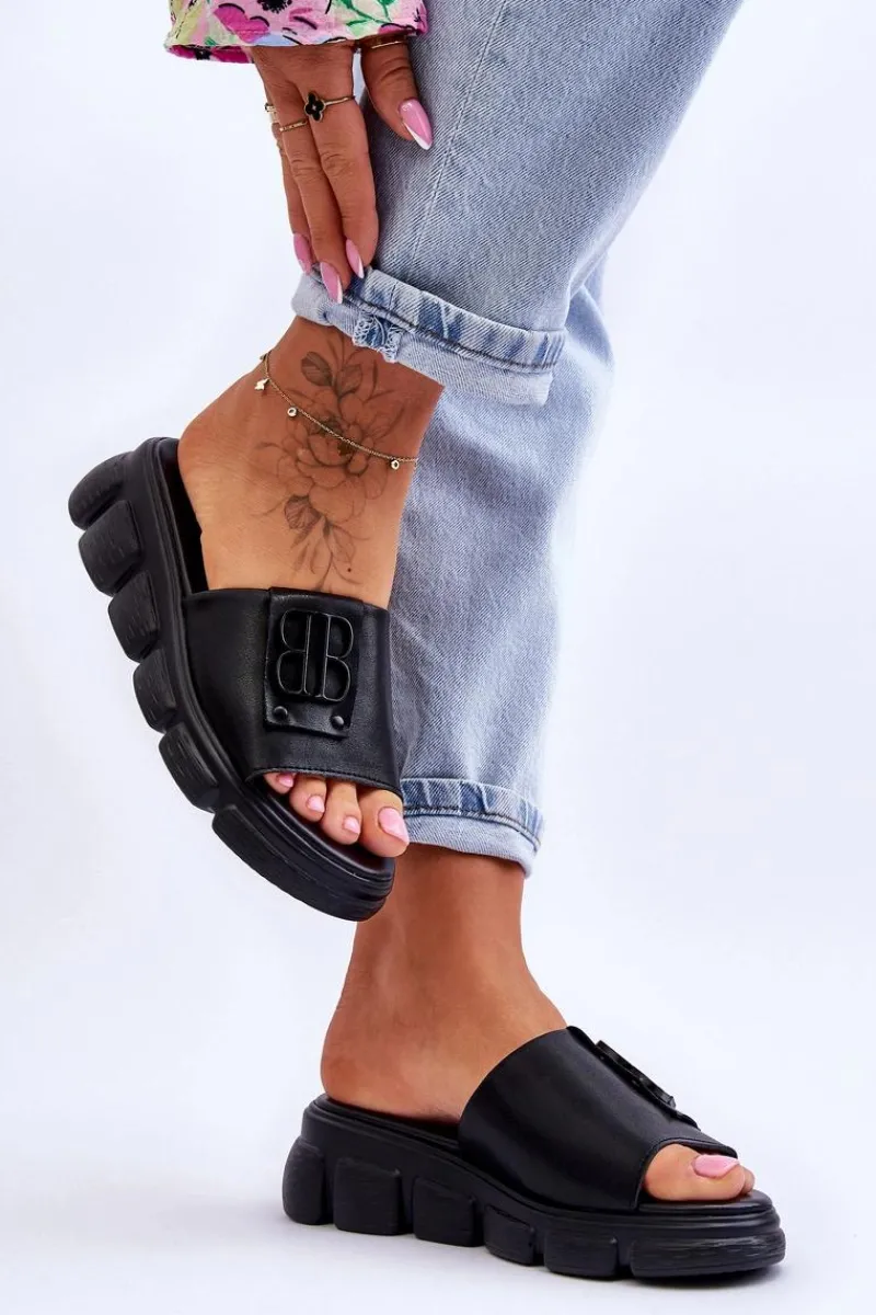 Klapki Na Platformie>Buty damskie Vinceza Damskie Skórzane Klapki Na Platformie Z Ozdobą Czarne Monroe