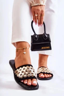 Discount Damskie Skórzane Klapki Na Płaskim Obcasie Czarne Hollis Damskie Klapki Damskie Klasyczne