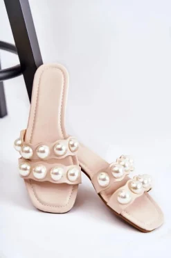 Clearance Boto Damskie Skórzane Klapki Z Ozdobnymi Perełkami Beżowe Lasello