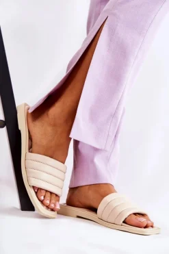 Boto Damskie Skórzane Klapki Z Pikowaniem Beżowe Raula