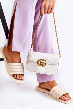 Boto Damskie Skórzane Klapki Z Pikowaniem Beżowe Raula