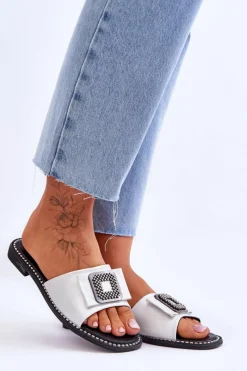 Online Damskie buty S.Barski Damskie Skórzane Klapki Z Dżetami S.Barski KV-2775-33 Srebrne