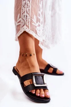 New Boto Damskie Skórzane Klapki Z Ozdobą Czarne Roysa