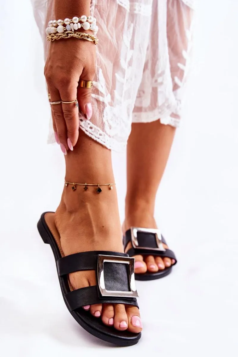 New Boto Damskie Skórzane Klapki Z Ozdobą Czarne Roysa