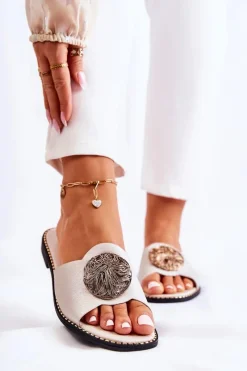 Clearance Damskie Skórzane Klapki Z Ozdobą Złote Colene Damskie Klapki Damskie Klasyczne