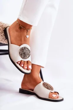 Clearance Damskie Skórzane Klapki Z Ozdobą Złote Colene Damskie Klapki Damskie Klasyczne