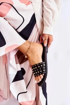 Online Damskie buty S.Barski Damskie Skórzane Klapki Z Ozdobą Czarne Brien Czarny