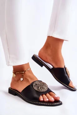 Online Damskie Skórzane Klapki Z Ozdobą Czarne Colene Damskie Klapki Damskie Klasyczne