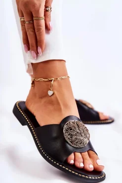 Online Damskie Skórzane Klapki Z Ozdobą Czarne Colene Damskie Klapki Damskie Klasyczne