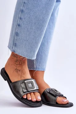 Klapki Damskie Klasyczne>Damskie buty S.Barski Damskie Skórzane Klapki Z Dżetami S.Barski KV-2775-33 Ciemnosrebrne