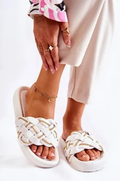 Sale Damskie Skórzane Klapki Z Łańcuszkiem Białe Soline Damskie Klapki Damskie Klasyczne