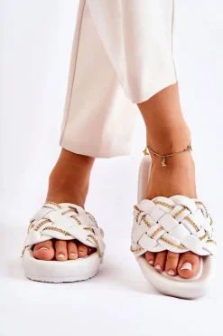 Sale Damskie Skórzane Klapki Z Łańcuszkiem Białe Soline Damskie Klapki Damskie Klasyczne