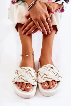 Sale Damskie Skórzane Klapki Z Łańcuszkiem Białe Soline Damskie Klapki Damskie Klasyczne