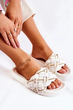 Sale Damskie Skórzane Klapki Z Łańcuszkiem Białe Soline Damskie Klapki Damskie Klasyczne