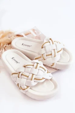 Sale Damskie Skórzane Klapki Z Łańcuszkiem Białe Soline Damskie Klapki Damskie Klasyczne