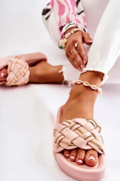 Outlet Boto Damskie Skórzane Klapki Z Łańcuszkiem Różowe Soline