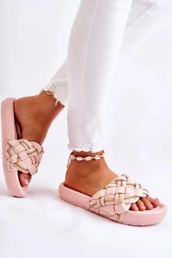 Outlet Boto Damskie Skórzane Klapki Z Łańcuszkiem Różowe Soline