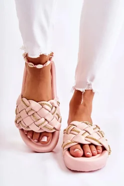 Outlet Boto Damskie Skórzane Klapki Z Łańcuszkiem Różowe Soline