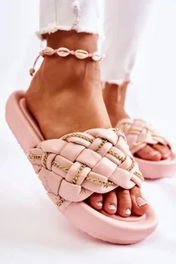 Outlet Boto Damskie Skórzane Klapki Z Łańcuszkiem Różowe Soline