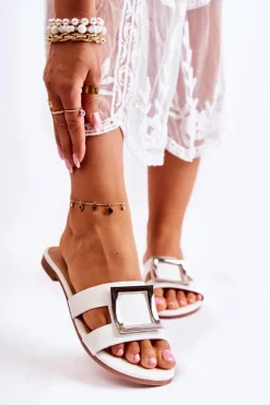 Online Boto Damskie Skórzane Klapki Z Ozdobą Białe Roysa