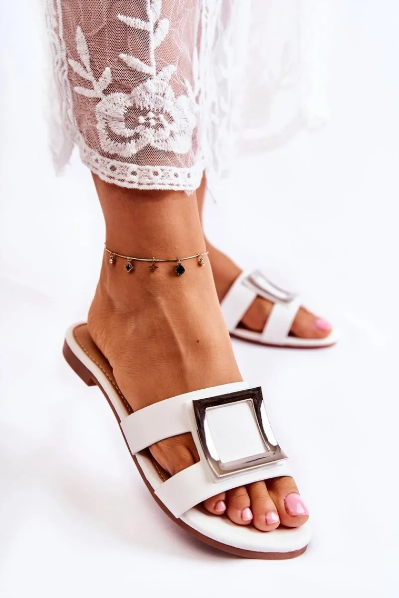 Online Boto Damskie Skórzane Klapki Z Ozdobą Białe Roysa