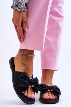 Klapki Damskie Klasyczne>Evento Damskie Skórzane Klapki Z Kokardą Czarne Becky Czarny