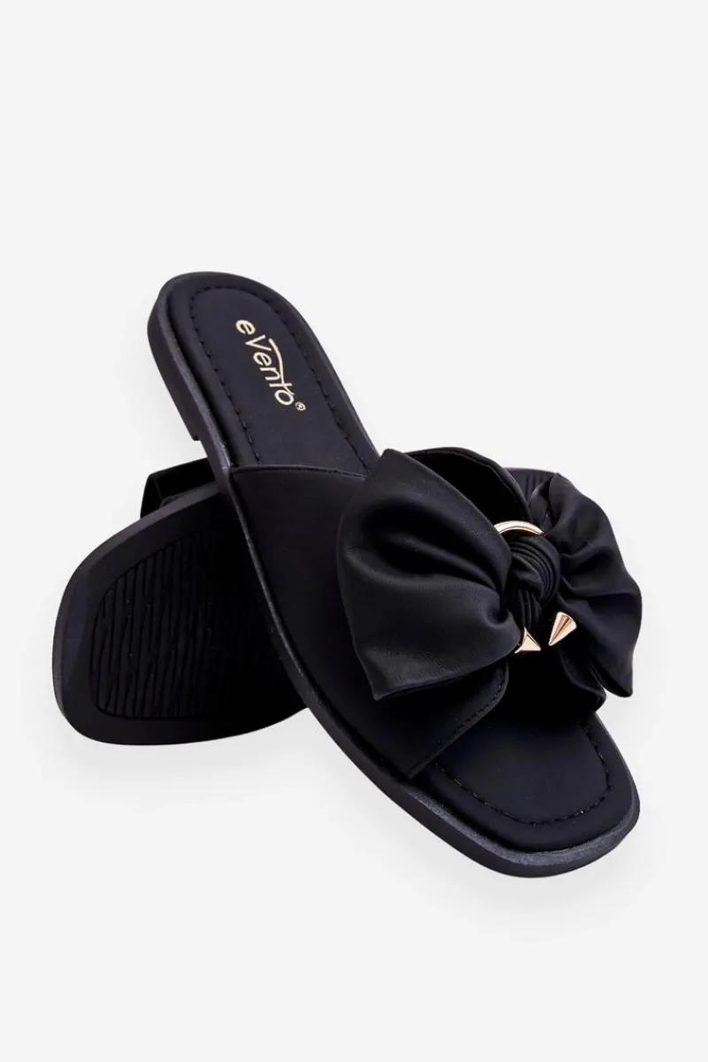 Klapki Damskie Klasyczne>Evento Damskie Skórzane Klapki Z Kokardą Czarne Becky Czarny