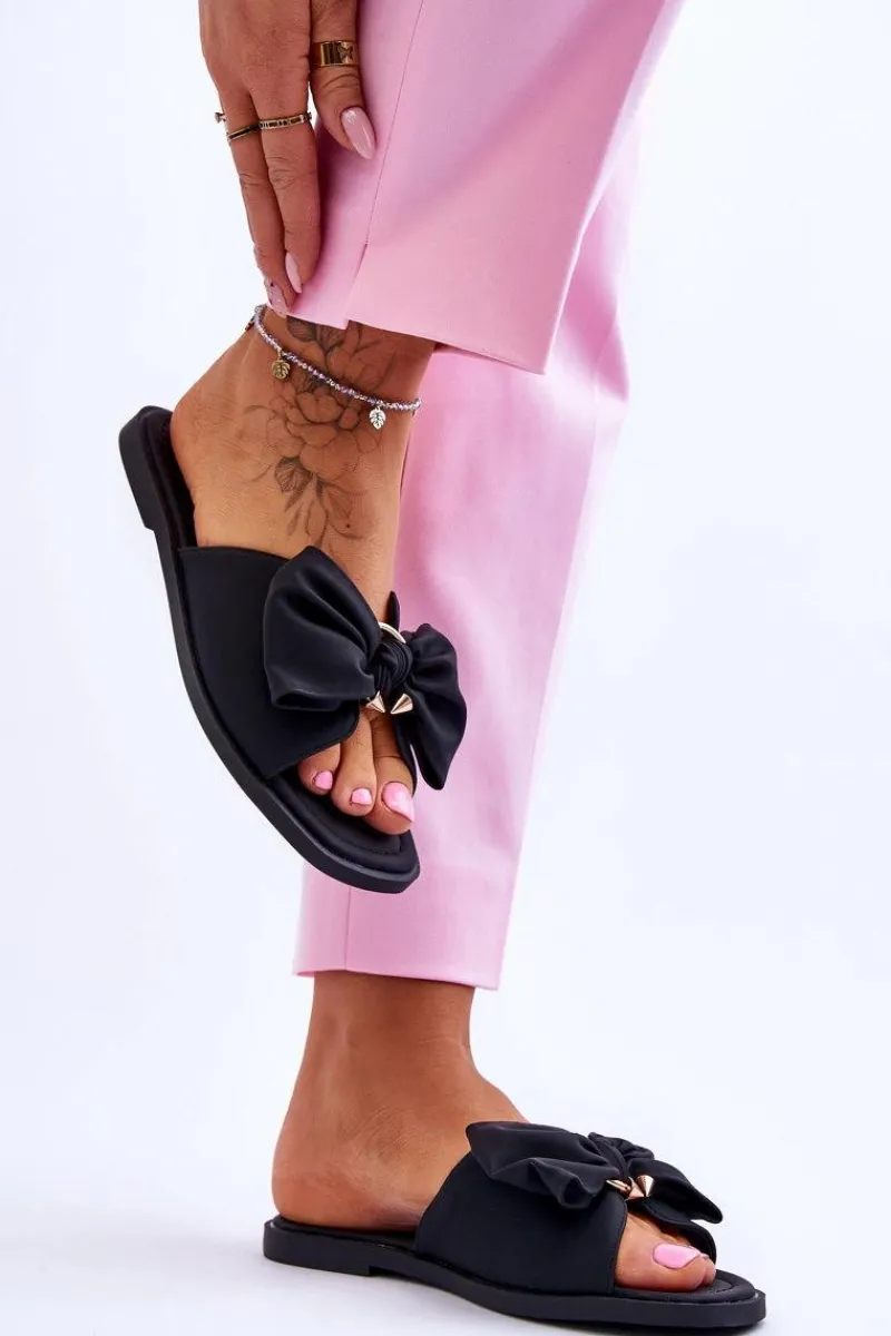 Klapki Damskie Klasyczne>Evento Damskie Skórzane Klapki Z Kokardą Czarne Becky Czarny