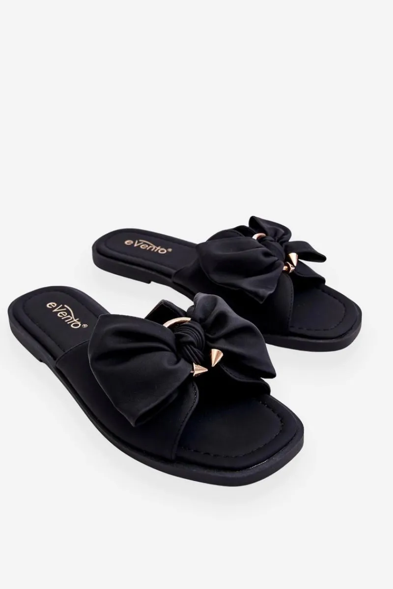 Klapki Damskie Klasyczne>Evento Damskie Skórzane Klapki Z Kokardą Czarne Becky Czarny