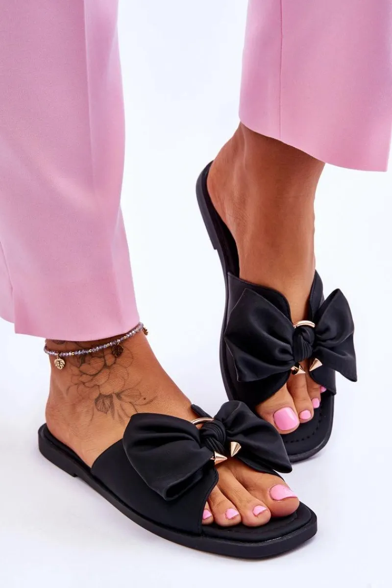 Klapki Damskie Klasyczne>Evento Damskie Skórzane Klapki Z Kokardą Czarne Becky Czarny